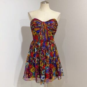 Jill Stuart Women's Silk Strapless Watercolor Pleated Mini Dress Size 8